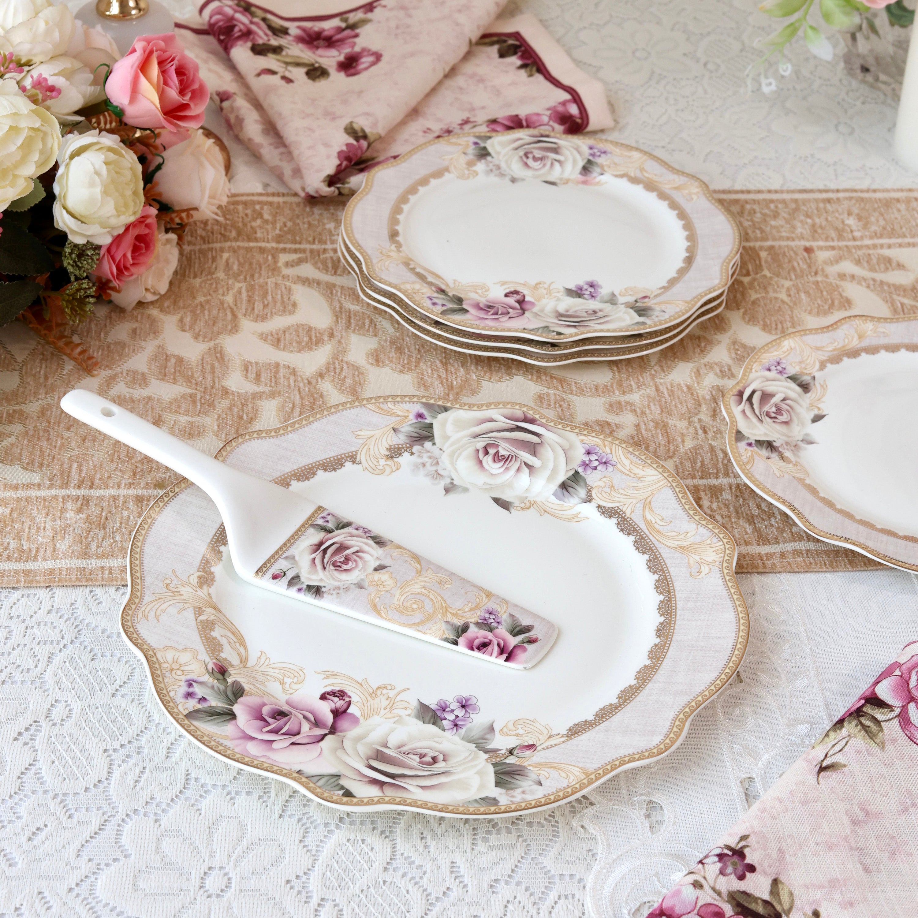 *old arabia ❀ ローズ＆グリーンエッジ cake plate set Vintage H. Aynsley & Co. Ltd Lovely Platter/cake Plate With